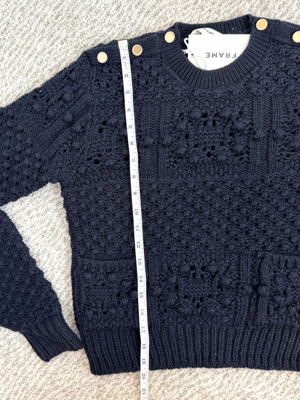 Frame Navy Alpaca Wool Cable-Knit Sweater Gold Button Detail Small NWT $398 MSRP - Picture 11 of 14